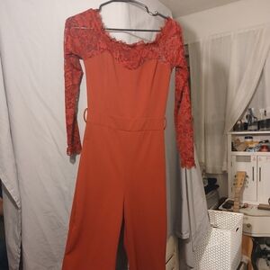 NanaMacs Red Lace Sleeve Jumpsuit